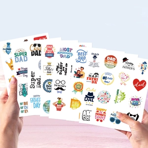 Father's Day cartoon sticker set featuring Super Dad motifs and DIY collage patterns