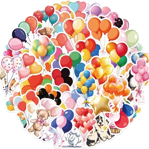 Detailed view of colorful cartoon balloon stickers featuring cute animals and cupcakes