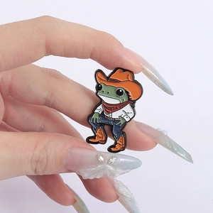 Cute enamel frog cowboy brooch pin with orange hat and red scarf for backpacks