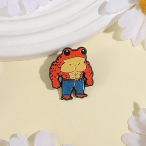 Creative cartoon muscular red frog enamel brooch pin with blue jeans on white daisy decor