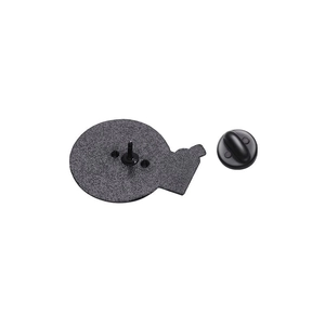 Detail view of black enamel pin back featuring metal needle and rubber clutch fastener