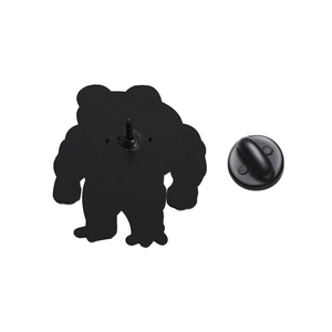 Detailed back view of a muscular frog enamel pin with black rubber clutch fastener