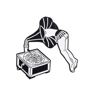 Surrealist black and white enamel pin featuring a gramophone base with a pizza and legs
