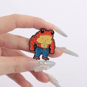 Creative cartoon muscular red frog enamel brooch pin with blue jeans and hand-held display