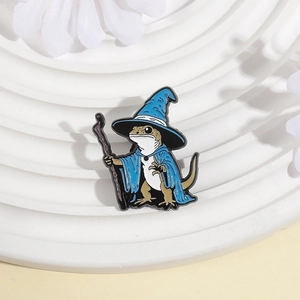 Cartoon lizard wizard enamel pin with magic hat and staff for backpack decoration