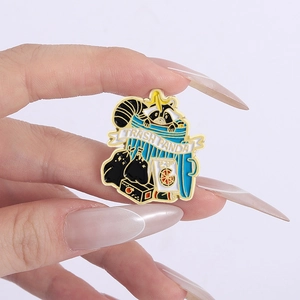 Cartoon trash panda enamel pin featuring a raccoon in a blue bin and pizza boxes