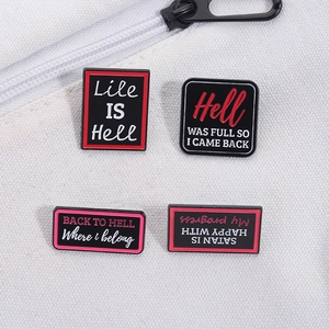 Set of 4 creative black enamel pins with humorous English phrases for clothes and bags
