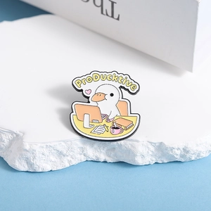 Cartoon white duck enamel pin with ProDucktive text for student backpack decor