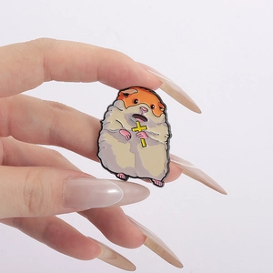 Sad Hamster enamel pin holding a cross, funny animal meme brooch for bags and clothes