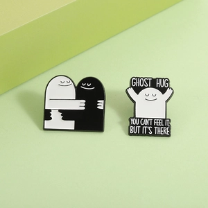 Ghost Hug cartoon enamel pins set in black and white finish for Halloween costume decor