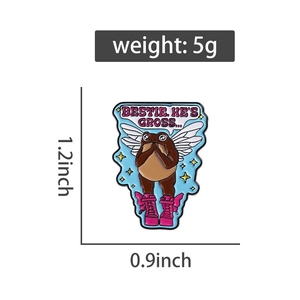 Detailed size view of cartoon frog enamel pin with Bestie He's Gross text and dimensions