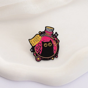 Macro view of cartoon black cat in pink potion bottle enamel pin with 'Don't Open' text