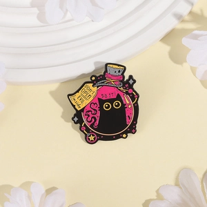 Cartoon enamel cat pin featuring black cat in potion bottle with Do It text on soft background