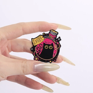 Cartoon black cat in pink potion bottle enamel pin featuring a don't open evil label
