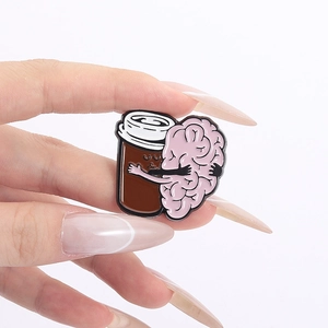 Creative coffee cup and brain enamel pin badge for clothes and accessories