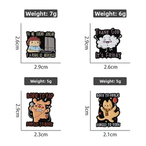 Detail view of cartoon animal enamel pins showing size and weight specifications