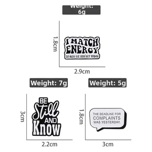 Detailed size and weight specs for enamel pins featuring diverse typography and quotes