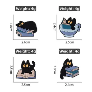 Detailed view of four black cat enamel pins showing weights and dimensions on white