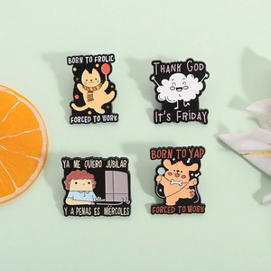 Close-up of funny workplace enamel pins set featuring cartoon animals and office humor