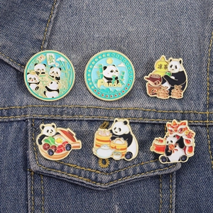 Set of six cute Panda enamel pins with traditional Chinese culture themes on denim