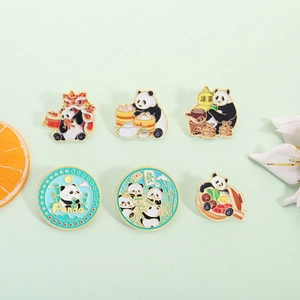Set of six cute panda enamel pins featuring Chinese elements like mahjong and hotpot