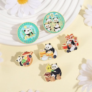 Detailed close-up of six cute panda enamel pins featuring Chinese cultural themes and motifs
