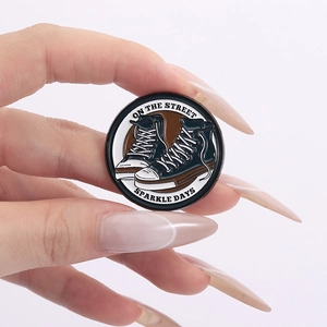 Cartoon canvas shoe metal enamel badge with On The Street and Sparkle Days text