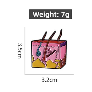 Detailed cross-section view of a skin anatomy enamel pin with dimensions and weight