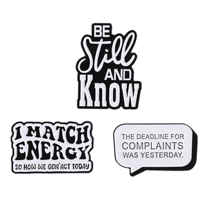Set of 3 black enamel pins with funny quotes like The deadline for complaints was yesterday
