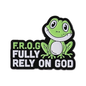 Épinglette émaillée grenouille avec inscription inspirante Fully Rely On God