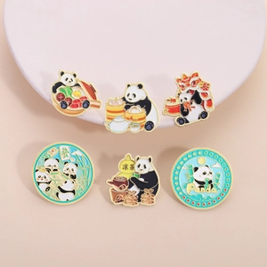 Cute panda enamel pins set featuring traditional elements like hotpot and mahjong