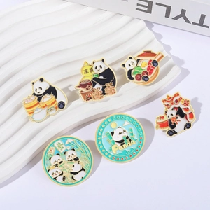 6-piece set of cute panda enamel pins featuring traditional Chinese cultural themes