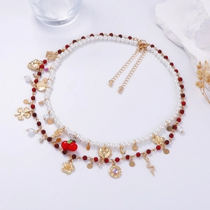 Vintage Double Layer Necklace With Alloy Floral Heart Cherry Pendants White Imitation Artificial Pearl Red Glass Beads Layered Jewelry For Women