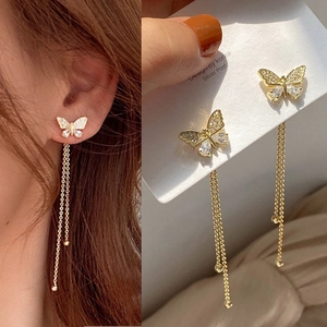 Butterfly Tassel Drop Earrings With 925 Sterling Silver Post Alloy Rhinestone Dangle Earrings For Women Fashion Jewelry