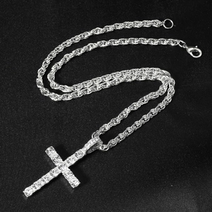 Hip-Hop Silber-Kreuzanhänger-Halskette mit Strasssteinen und 4mm Kordelkette für Herren
