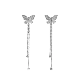 Elegant S925 silver butterfly tassel earrings with sparkling zircon wing details