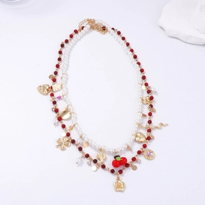 Double-layer pearl and red bead necklace with vintage golden flower and fruit charms