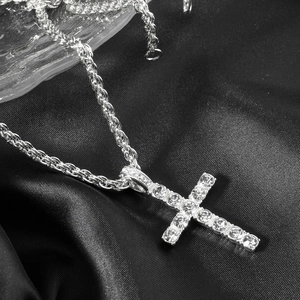 Hip Hop Silber Kreuzanhänger Halskette mit Diamanten und stylischer Seilkette für Herren