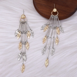 Bohemian gold and silver leaf tassel earrings with layered metallic fringes and studs