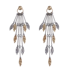 French luxury style metallic leaf tassel earrings with gold and silver dual-tone finish