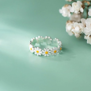 Eleganter offener Gänseblümchen Ring in Weiß und Silber auf Mintgrünem Grund