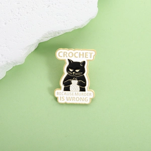 Creative black cat enamel pin knitting wool with slogan Crochet Because Murder Is Wrong