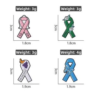 Detailed view of enamel ribbon pins for awareness including PTSD and No Violence themes