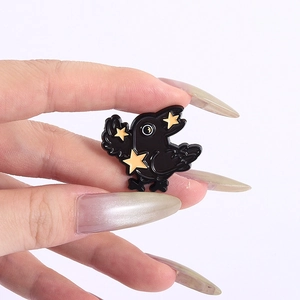 Cartoon black raven brooch with gold stars, creative enamel lapel pin for clothes