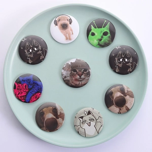 Set of 9 cute cartoon cat and dog tinplate badges displayed on a green ceramic tray