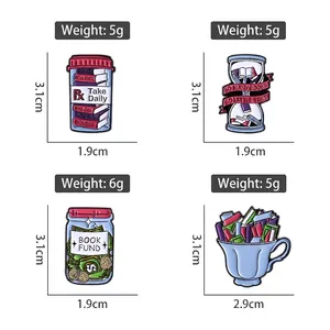 Set of four cute enamel book brooches with detailed size and weight specifications