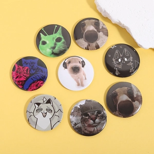 Detailed set of eight round tinplate badges with funny cat and dog meme designs