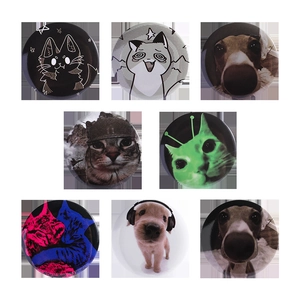 Set of eight assorted cute cat and dog cartoon tinplate badges with glossy finish