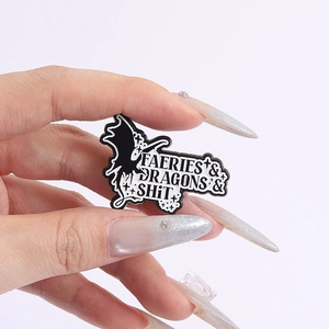 Creative black and white Enamel Pin with Faeries & Dragons & Shit text for fashion accessories