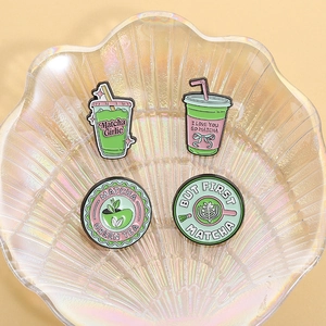 Cute matcha drink enamel pins set in green and pink for denim jacket accessories